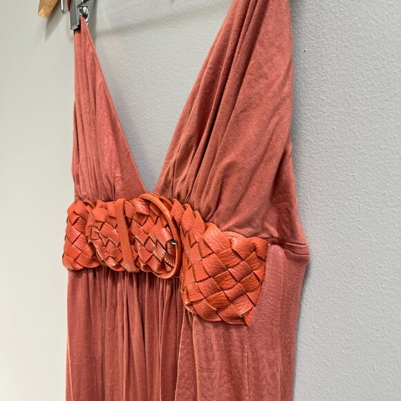 Sky Maxi Dress‎ Leather Belt Plunge V Neck Pleated Coral Melon Halter NEW Small - Picture 5 of 6